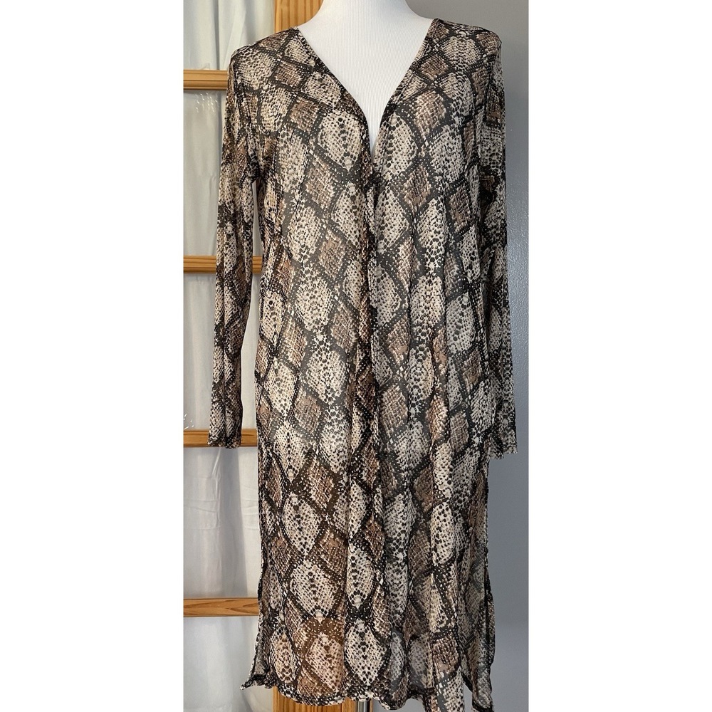 Vtg 70s TOPMAXX Mesh Cardigan Sz L Open Front Python Print Beige Slit USA Made